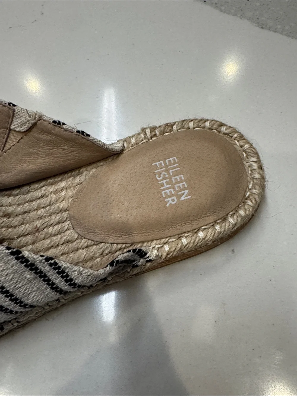 Eileen Fisher Black and Cream Striped Espadrille Slide Sandals